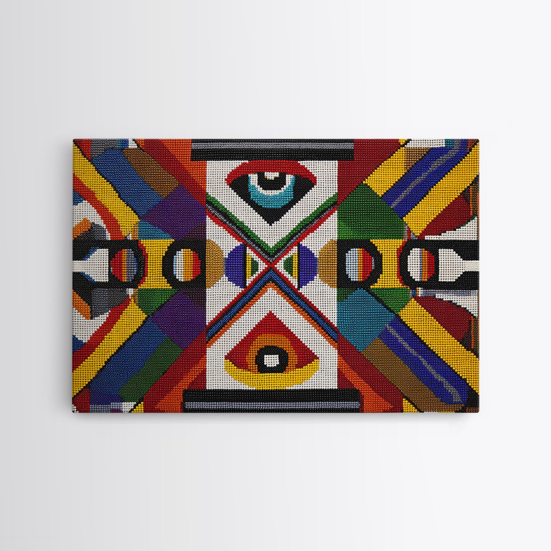 Bold Geometric Ankara Textile With All Seeing Eye Wall Art, Colorful African Patterns, Tribal Fabric Decor Canvas Print Gift
