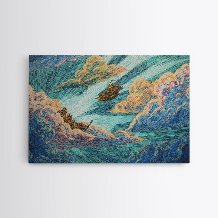 Dreamy Boats Sailing Through Clouds And Turquoise Waves Canvas Print, African Inspired Fantasy Wall Art, Colorful Decor Gift