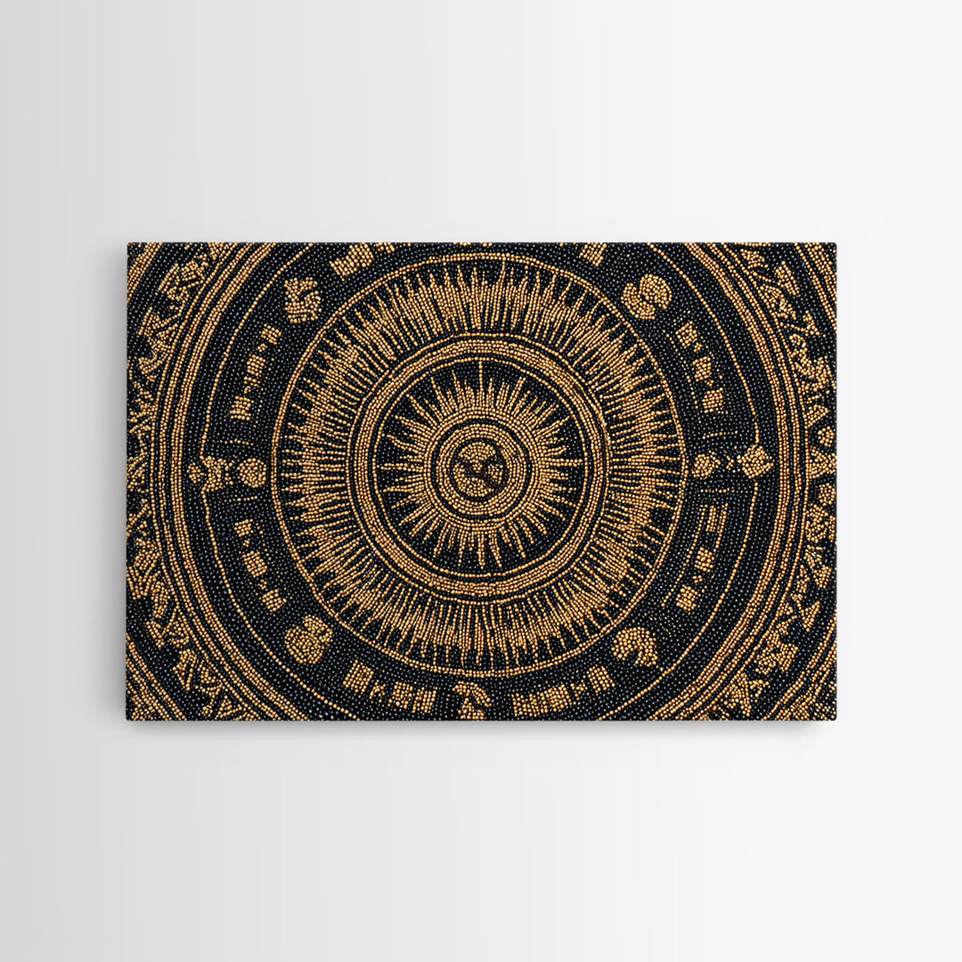 Gold Black African Mandala Bead Pattern Framed Canvas Print, Spiritual Circle Wall Decor, Elegant Ethnic Home Decor Gift