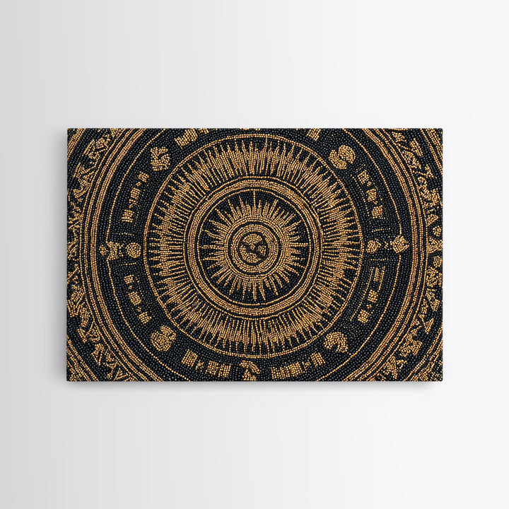 Gold Black African Mandala Bead Pattern Framed Canvas Print, Spiritual Circle Wall Decor, Elegant Ethnic Home Decor Gift