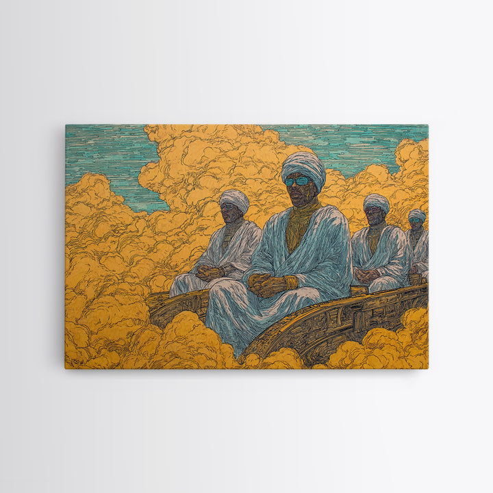 African Men In White Robes On Golden Cloud Canvas Print, Surreal Desert Journey, Cultural Wall Decor, Ethnic Home Decor Gift
