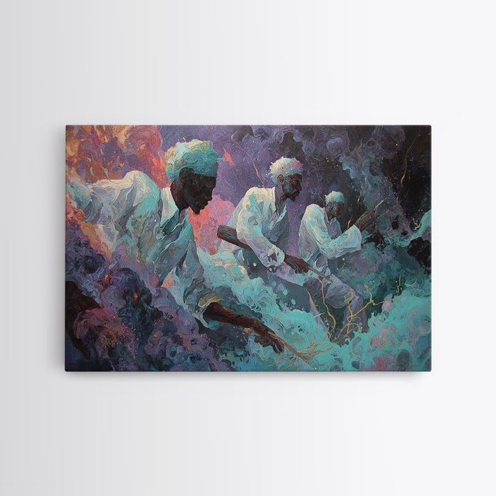 Mystical African Men In White Robes Canvas Print, Dreamy Cosmic Smoke Painting, Spiritual Afrocentric Wall Decor, Home Decor