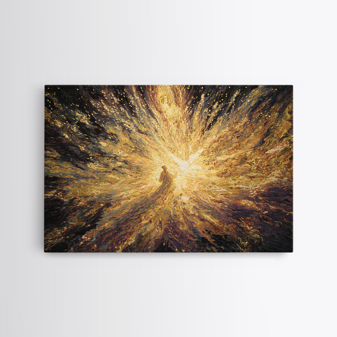 Radiant Golden Spiritual Figure Wall Art, Abstract Light Burst Painting, Mystical Afrocentric Decor, Statement Home Decor