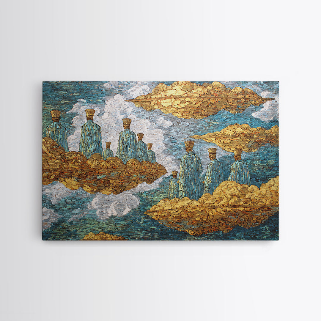 Surreal Floating Island Figures Wall Art, Blue And Gold African Inspired Decor, Dreamy Abstract Ethnic Art Print, Modern Canvas