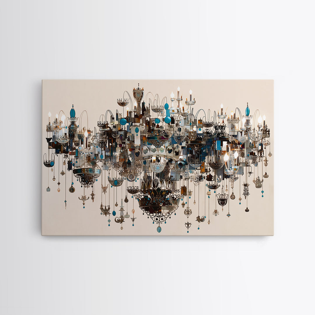 Ornate Blue Jewel Chandelier Framed Canvas Print, Luxury Lighting Wall Decor, Elegant Home Decor, Maximalist Statement Art