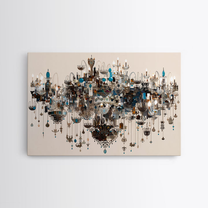 Ornate Blue Jewel Chandelier Framed Canvas Print, Luxury Lighting Wall Decor, Elegant Home Decor, Maximalist Statement Art