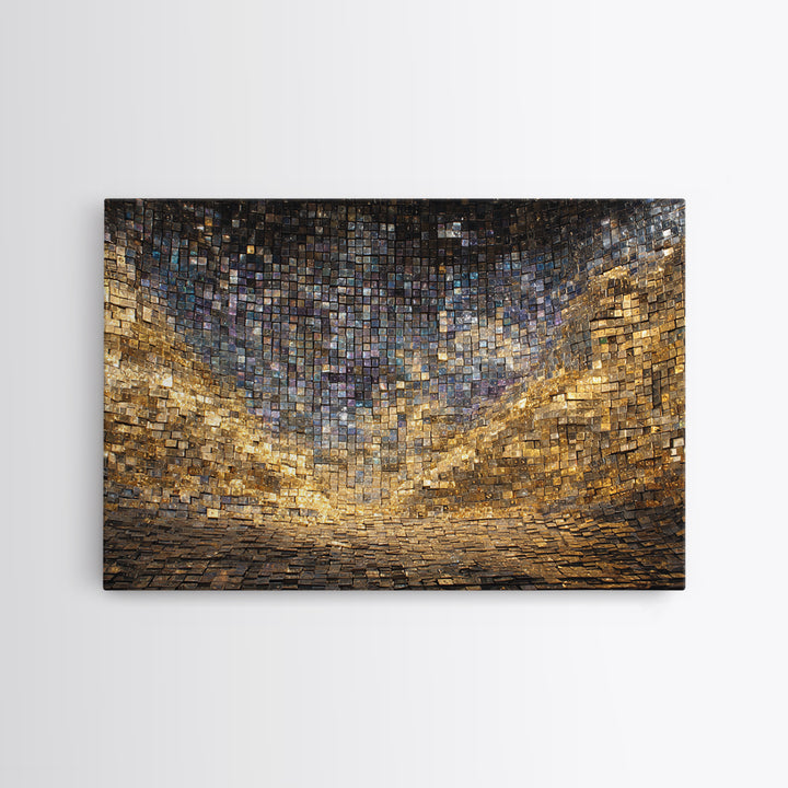 Golden Mosaic Tile Abstract Wall Art, Blue Gold Geometric Canvas Decor, Luxury Textured Art Print, Modern Statement Wall Decor