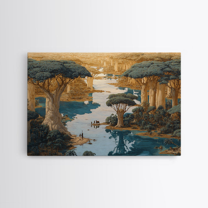Golden Baobab River Landscape Wall Art, African Safari Decor, Fantasy Nature Scene Art, Earth Tone Canvas Print For Living Room