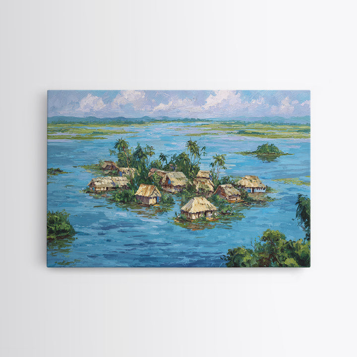 Tropical Island Village Canvas Print, Blue Water Palm Hut Landscape, Africa Inspired Coastal Wall Art, Nature Decor Gift