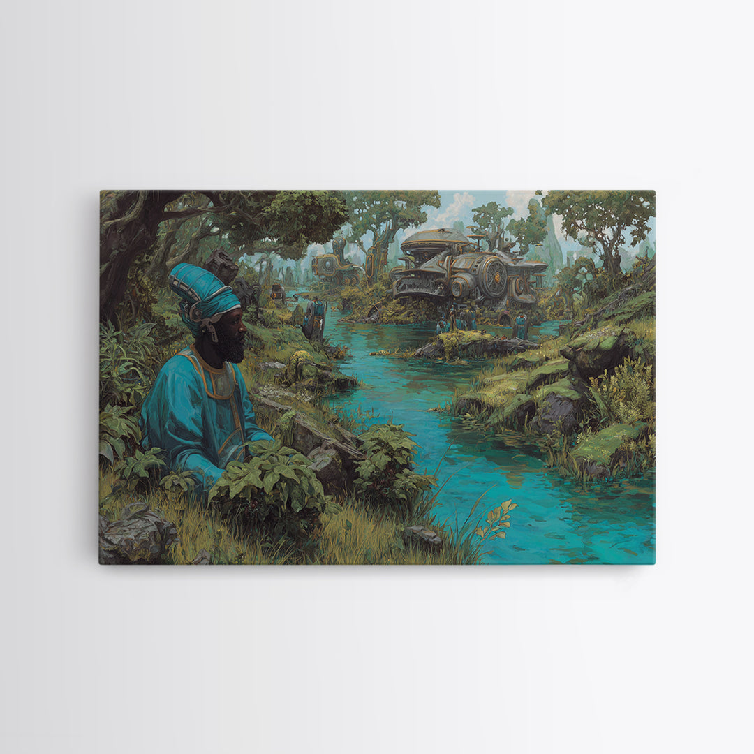 Blue Robed African Man By Jungle River Wall Art, Steampunk Train Landscape, Afrocentric Decor, Modern African Art Print Gift