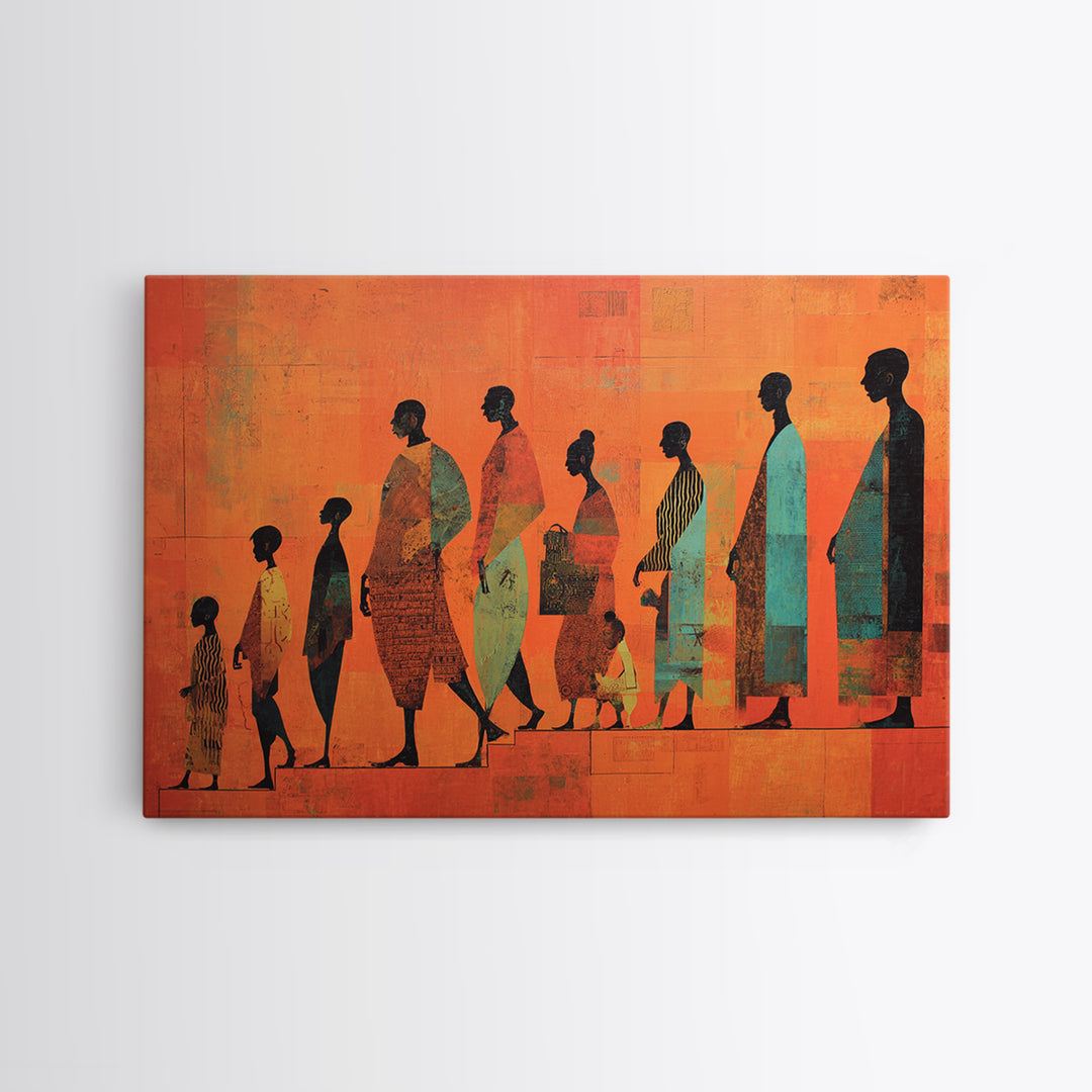 African Family Silhouette Wall Art, Orange Abstract Canvas Print, Ancestral Journey Decor, Black Culture Home Decor Gift