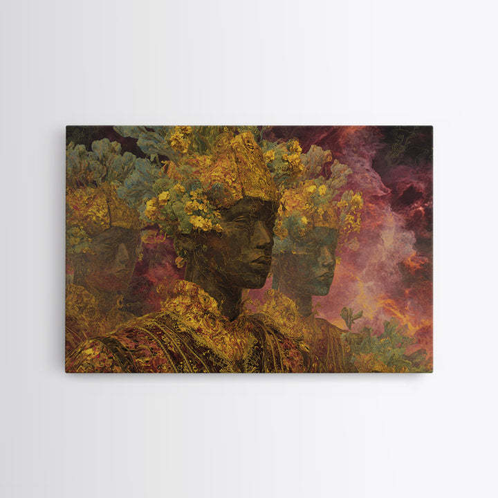 African Queen Portrait Wall Art, Floral Goddess Canvas Print, Modern African Beauty Decor, Dreamy Cultural Elegant Home Decor Gift