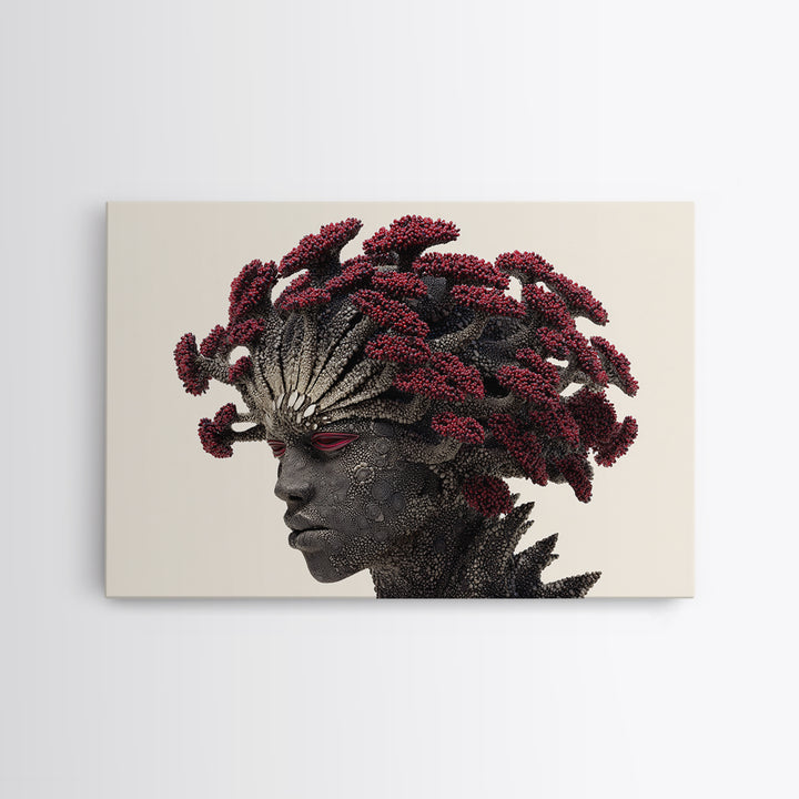 Afrofuturist Woman Portrait Wall Art, Red Coral Hair Canvas Print, Black Goddess Decor, Bold African Beauty Gift For Her