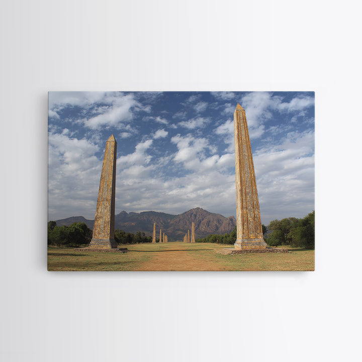 Ancient African Obelisks Wall Art, Monument Landscape Canvas Print, Ethiopia Inspired Travel Decor, Cultural Home Art Gift