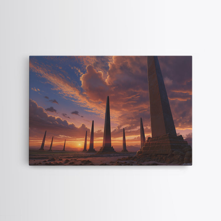 Sunset Desert Obelisks Wall Art, Ancient Monument Canvas Print, African Landscape Decor, Dramatic Travel Home Gallery Gift