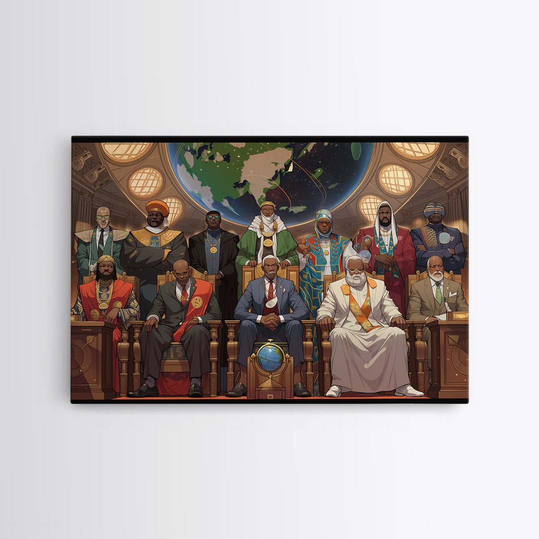 Afrofuturist African Council Portrait Canvas Print, Black Leaders, African American Art, Afrocentric Cultural Wall Decor