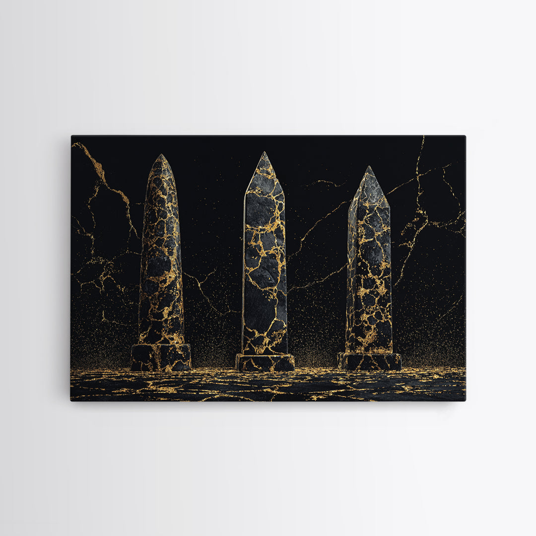 Black And Gold Cracked Obelisks Wall Art, Abstract African Art, Luxury Canvas Decor, Modern Textured Statement Wall Decor