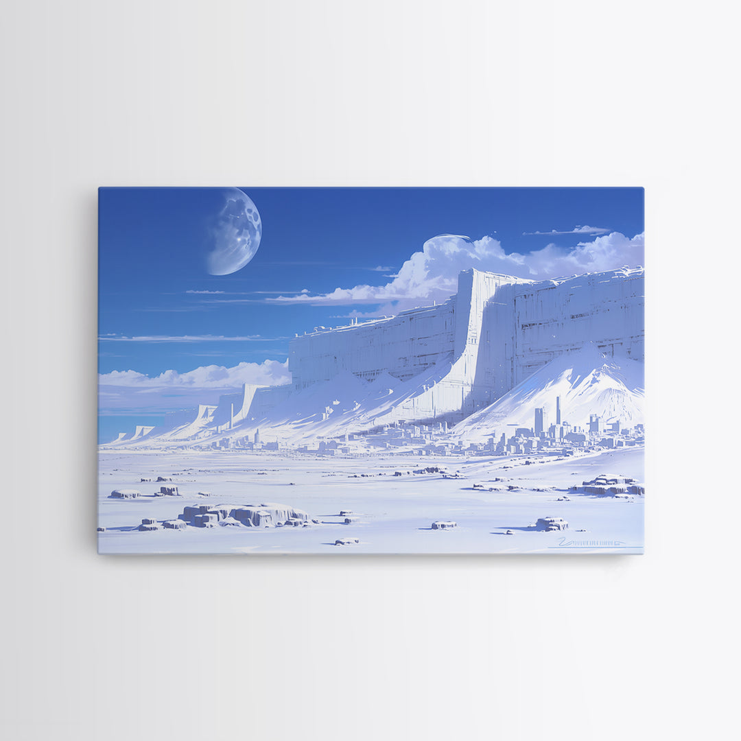 Blue Ice Citadel Moon Landscape Canvas Print, Dreamy Wall Art, Modern Canvas Art, Large Blue Office Decor, Housewarming Gift