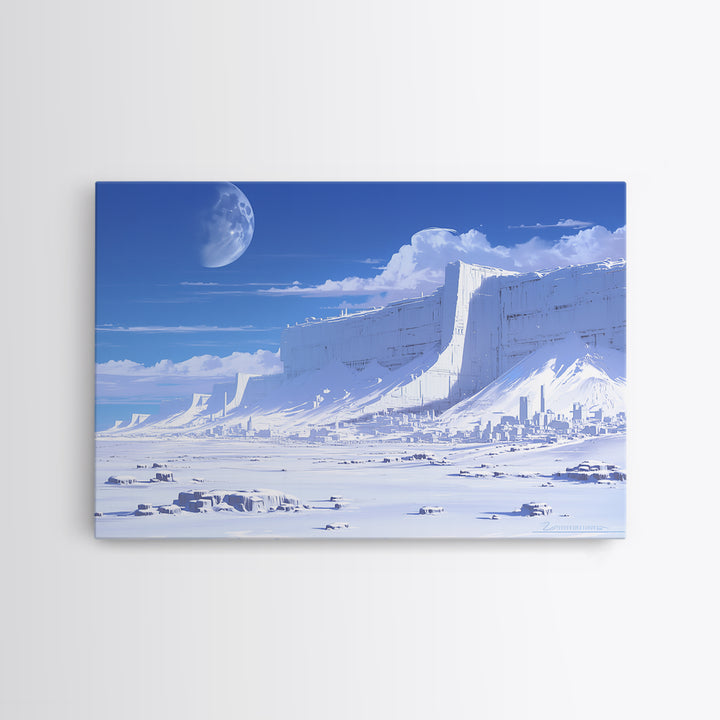 Blue Ice Citadel Moon Landscape Canvas Print, Dreamy Wall Art, Modern Canvas Art, Large Blue Office Decor, Housewarming Gift