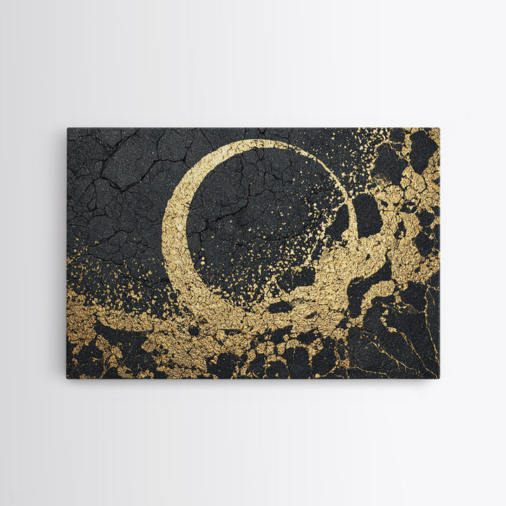 Gold Crescent On Cracked Black Stone Wall Art, Abstract Black Art, Luxury Canvas Art, Spiritual Statement Modern Home Decor Gift