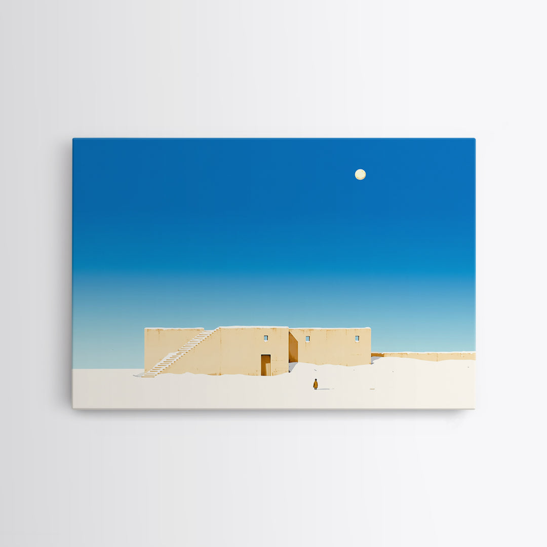 Minimalist Adobe Desert House Canvas Print, Blue Sky Architecture, Beige Wall Art, Modern Southwestern Style Home Decor Gift