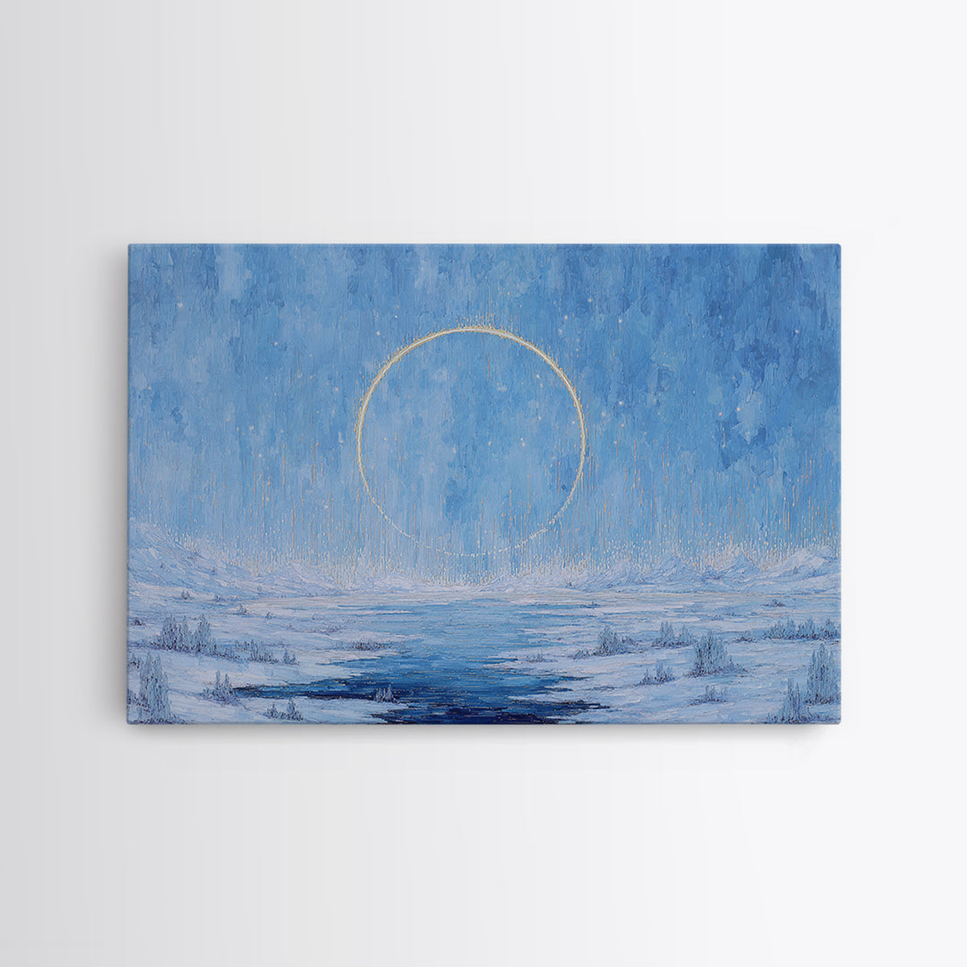 Blue Frozen Lake With Golden Ring Wall Art, Dreamy Landscape, Modern Canvas Art, Textured Blue Home Decor, Spiritual Gift