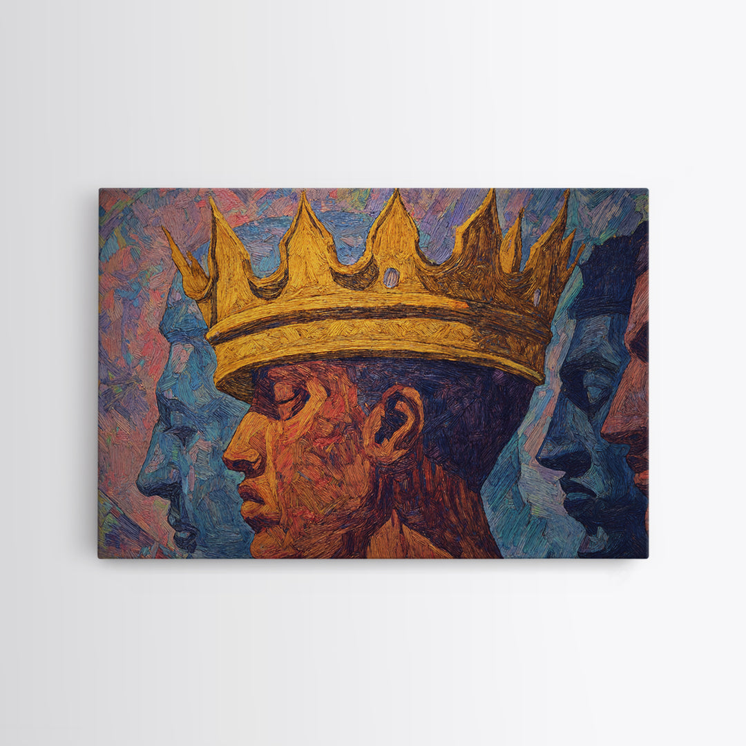 Crowned African King Portrait With Blue Spirit Faces Wall Art, Afrocentric Black History Gift, African American Art Decor