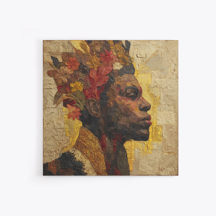 Expressive Portrait with Ornate Floral Background and Canvas Print, African Inspired Art, Fine Art Print, Living Room Decor, AIA-1x1-29