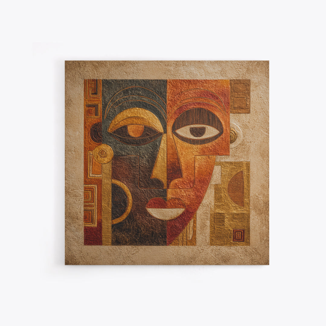 Minimalist African Line Art Faces on Parchment Canvas Print, African Inspired Art, African Wall Art, Living Room Decor, AIA-1x1-34