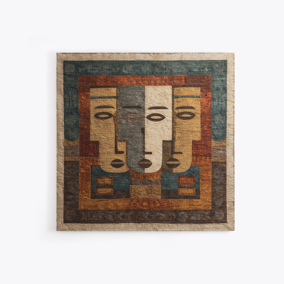 Minimalist African Line Art Faces on Parchment Canvas Print, African Inspired Art, African Wall Art, Living Room Decor, AIA-1x1-58