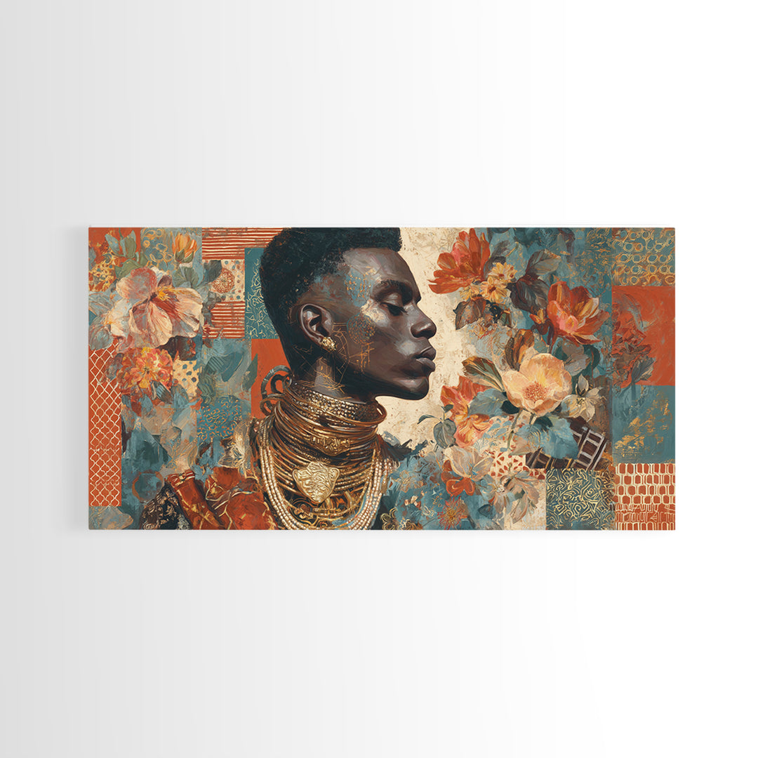 Expressive Portrait with Ornate Floral Background and Canvas Print, African Inspired Art, Abstract Art, Living Room Decor, AIA-2x1-49