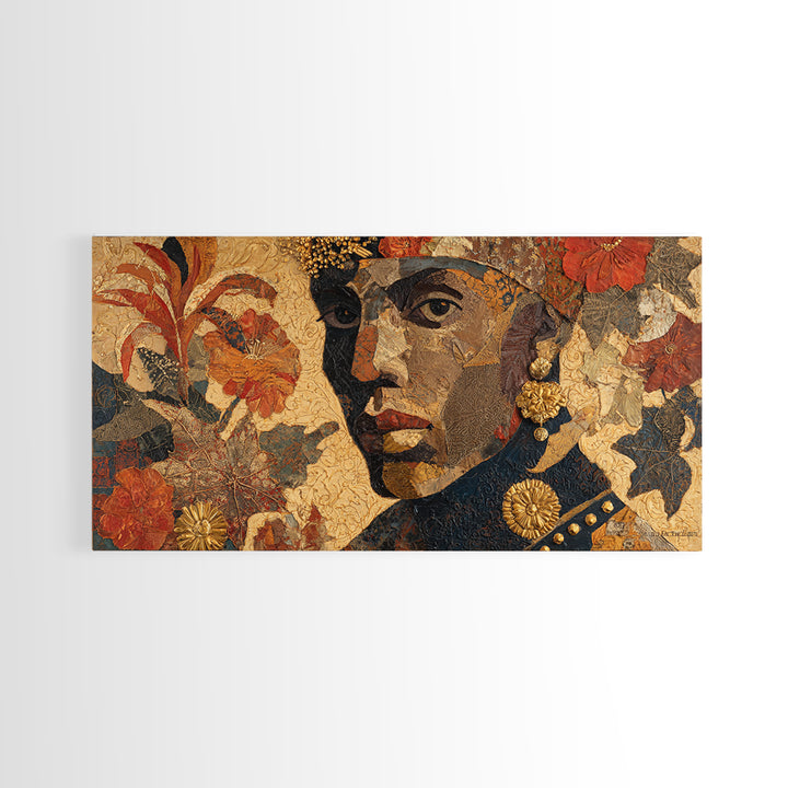 Expressive Portrait with Ornate Floral Background and Canvas Print, African Inspired Art, Abstract Art, Living Room Decor, AIA-2x1-73