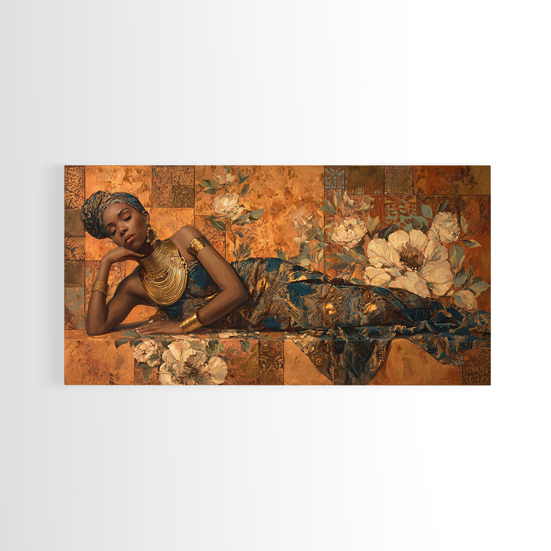 Expressive Portrait with Ornate Floral Background and Canvas Print, African Inspired Art, Modern Wall Art, Living Room Decor, AIA-2x1-97