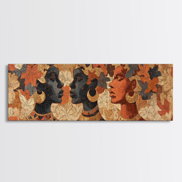 Expressive Portrait with Ornate Floral Background and Canvas Print, African Inspired Art, African Art, Living Room Decor, AIA-3x1-69