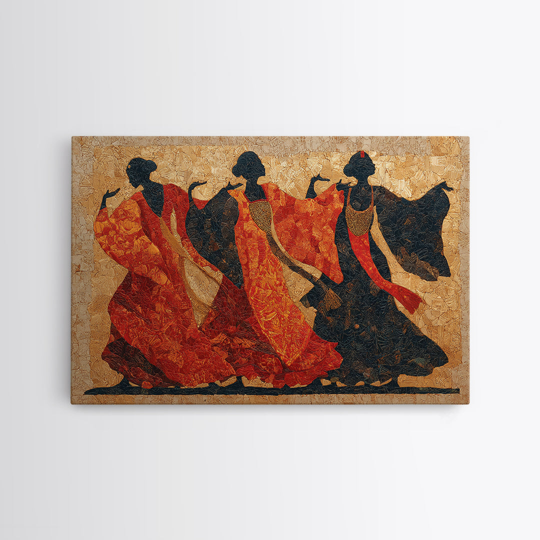 Ceremonial Dancers in Motion with Crimson and Canvas Print, African Inspired Art, Living Room Wall Art, Living Room Decor, AIA-3x2-70