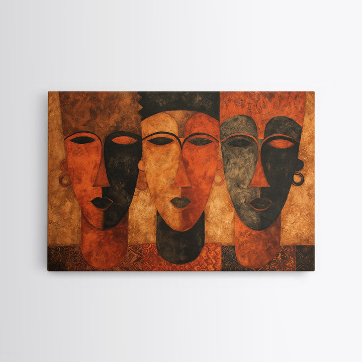 Minimalist African Line Art Faces on Parchment Canvas Print, African Inspired Art, Removable Wallpaper, Living Room Decor, AIA-3x2-86