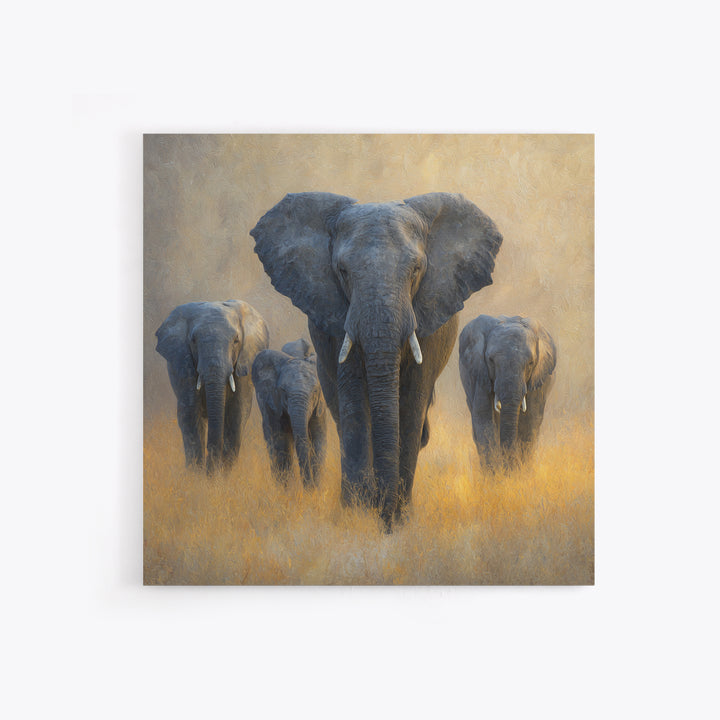 Elephant Family Walking Through Dusty Golden Light Canvas Print, Animal Art, Living Room Decor, Creature, Fine Art Print, ANI-1x1-14