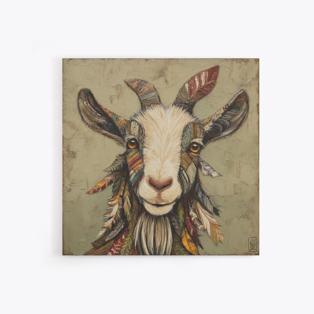 Goat Portrait with Rustic Folk Art Personality Framed Canvas Print, Animal Art, Cat Art, Living Room Decor, Fine Art, Creature, ANI-1x1-21