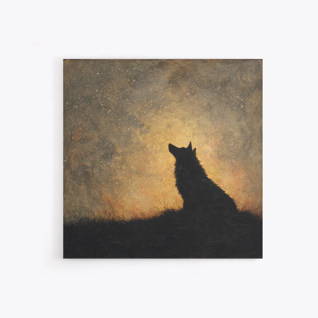 Wolf Silhouette Beneath a Star Filled Sky Canvas Print, Animal Art, Printable Art, Living Room Decor, Oil Painting, Creature, ANI-1x1-22
