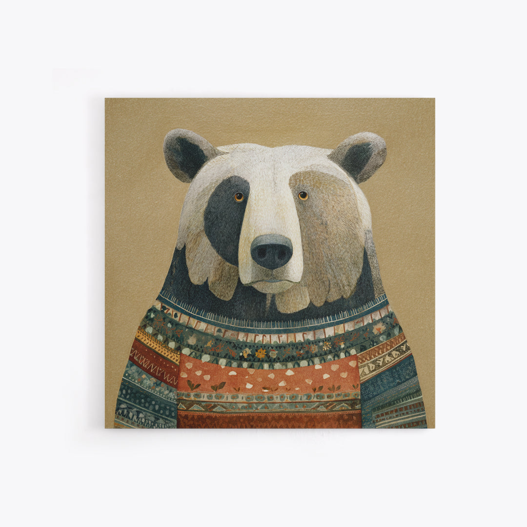 Whimsical Bear in a Patterned Sweater with Canvas Print, Animal Art, Modern Wall Art, Living Room Decor, Fine Art, Creature, ANI-1x1-26