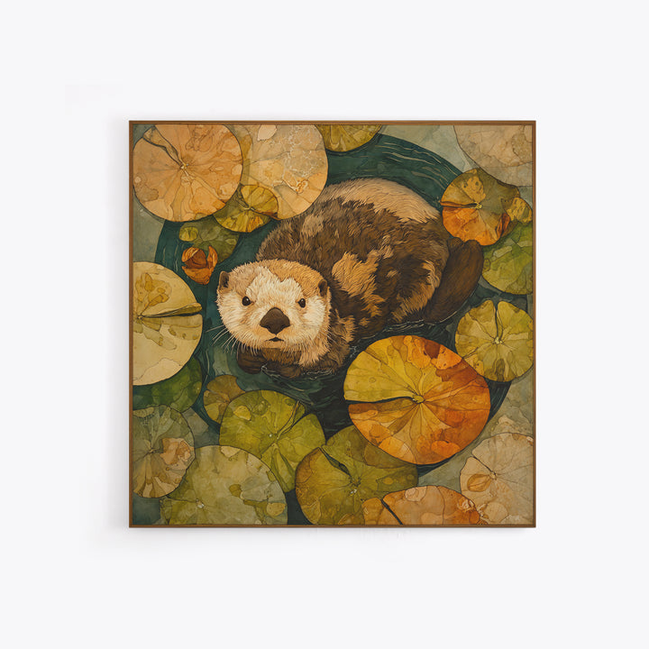 Playful Otter Floating Among Lily Pads Framed Canvas Print, Animal Art, Gallery Decor, Living Room Decor, Fine Art, Creature, ANI-1x1-32