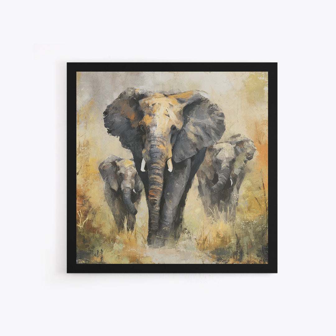 Elephant Family Walking Through Dusty Golden Light Canvas Print, Animal Art, Safari Nursery Decor, Living Room Decor, Creature, ANI-1x1-38