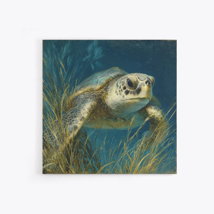 Sea Turtle Drifting Through Luminous Blue Water Canvas Print, Animal Art, Boho Wall Art, Living Room Decor, Creature, ANI-1x1-42