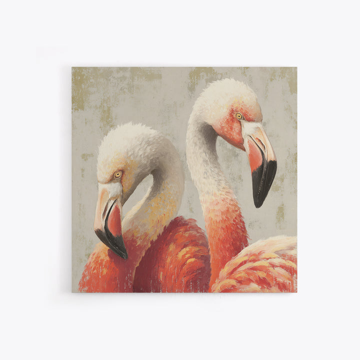 Flamingo Pair in Elegant Coral and Cream Framed Canvas Print, Animal Art, Farmhouse Decor, Living Room Decor, Oil Painting, ANI-1x1-43