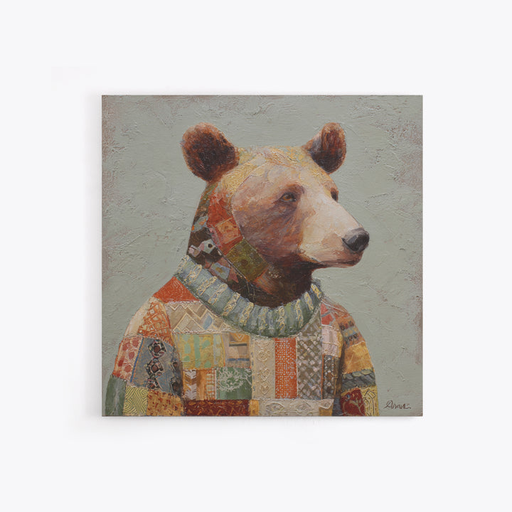 Whimsical Bear in a Patterned Sweater with Canvas Print, Animal Art, Modern Wall Art, Living Room Decor, Fine Art, Creature, ANI-1x1-50
