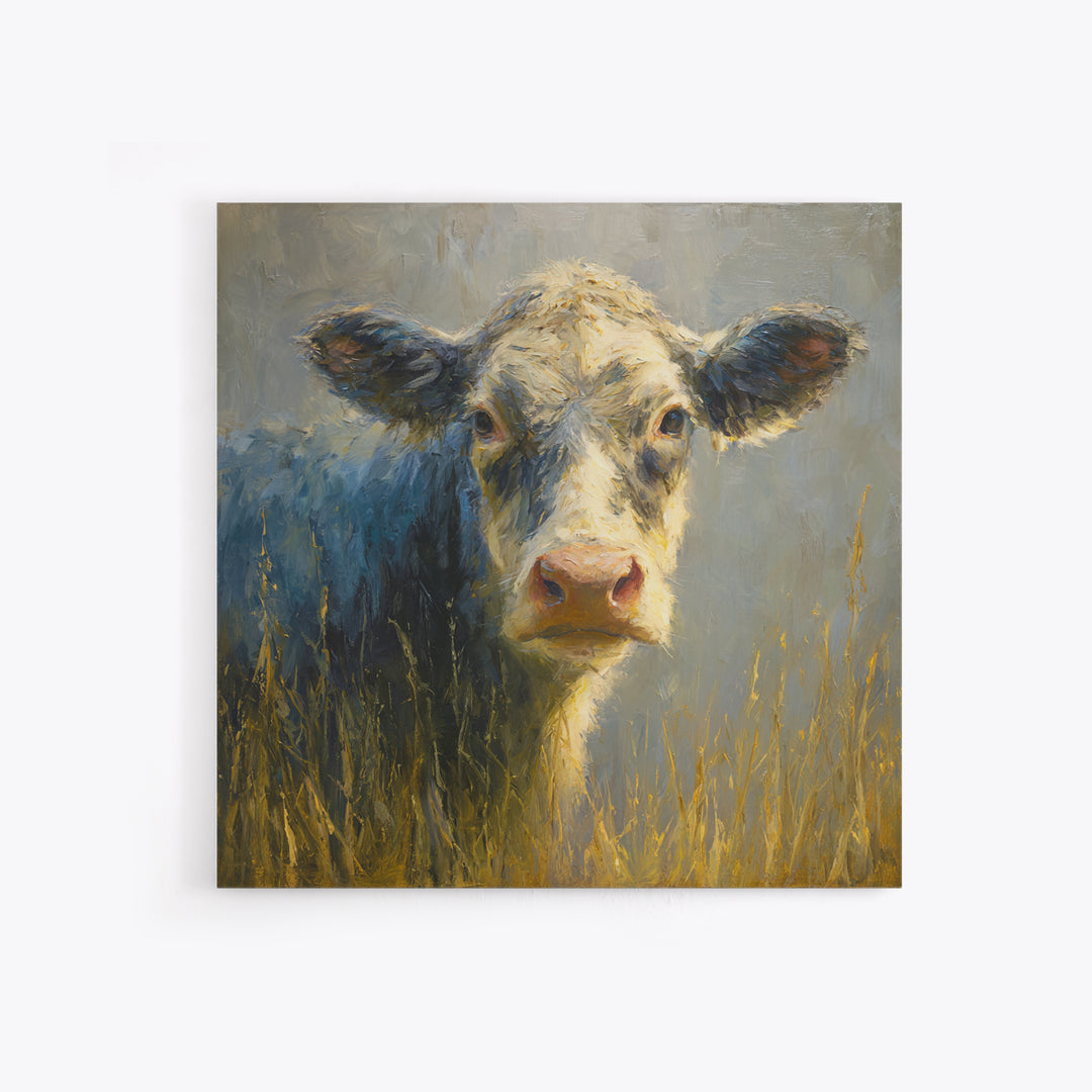 Gentle Cow Portrait Canvas Print, Animal Art, Trendy Wall Art, Living Room Decor, Fine Art, Creature, Textured Painting, ANI-1x1-55