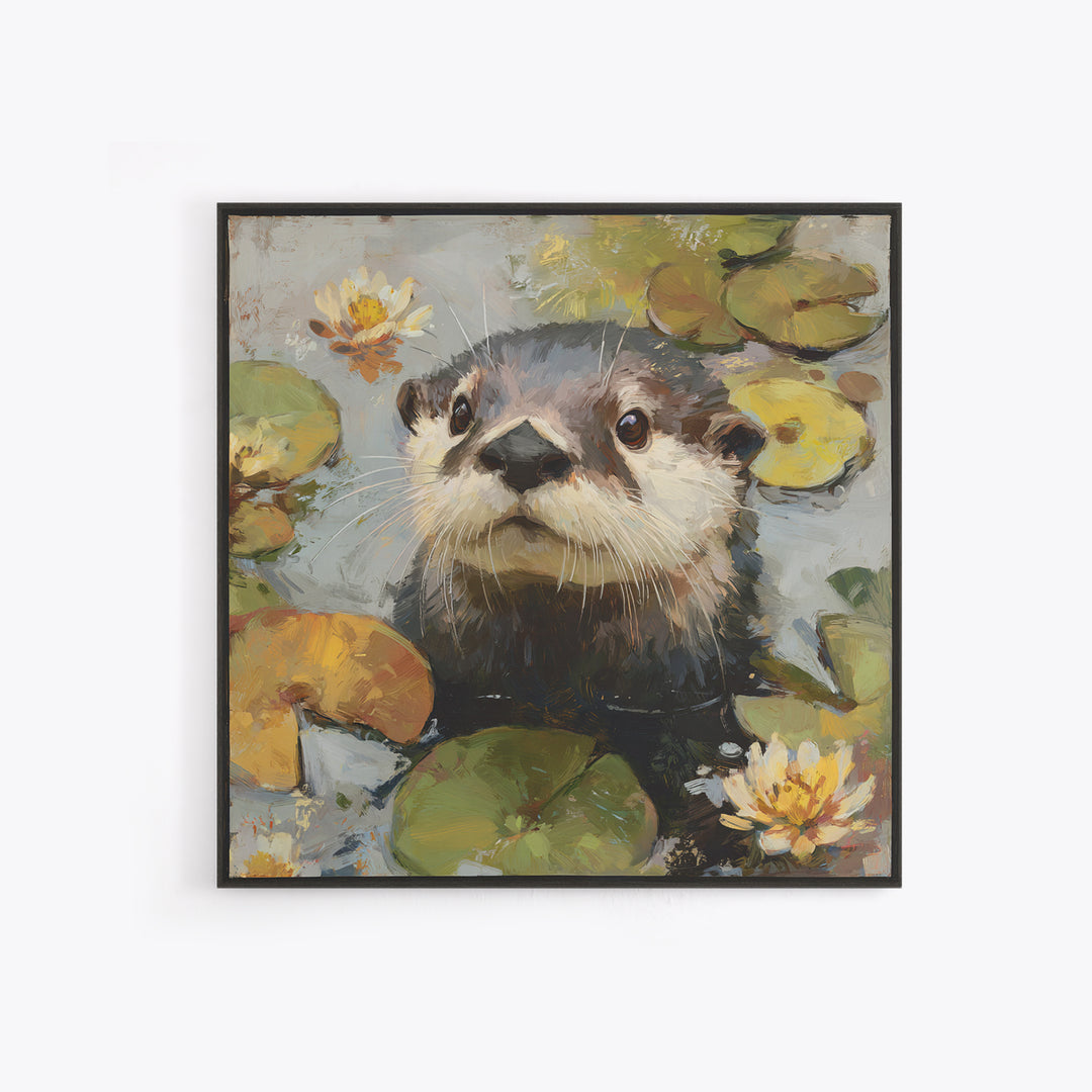 Playful Otter Floating Among Lily Pads Framed Canvas Print, Animal Art, Original Painting, Living Room Decor, Creature, ANI-1x1-56
