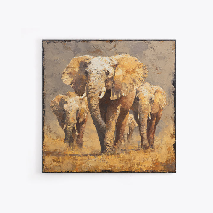 Elephant Family Walking Through Dusty Golden Light Canvas Print, Animal Art, Safari Nursery Decor, Living Room Decor, Creature, ANI-1x1-62