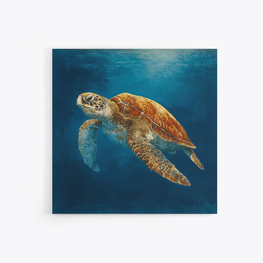 Sea Turtle Drifting Through Luminous Blue Water Canvas Print, Animal Art, Boho Wall Art, Living Room Decor, Creature, ANI-1x1-66
