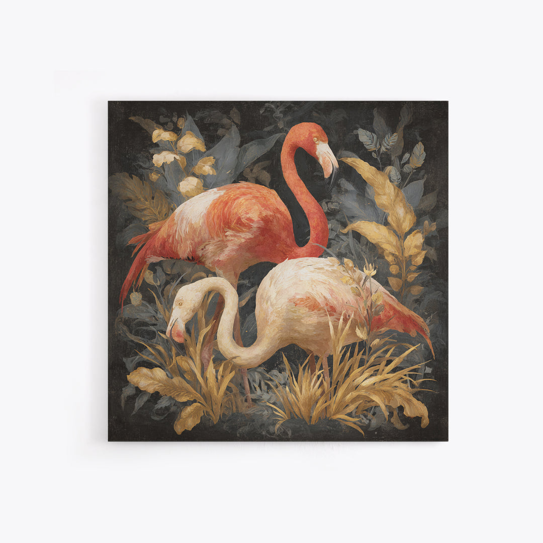 Flamingo Pair in Elegant Coral and Cream Framed Canvas Print, Animal Art, Gallery Decor, Living Room Decor, Fine Art, Creature, ANI-1x1-67